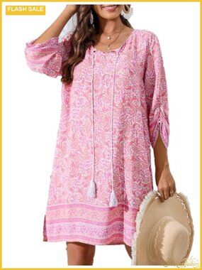 Boho Floral V-Neck 3/4 Sleeve Rayon Dress